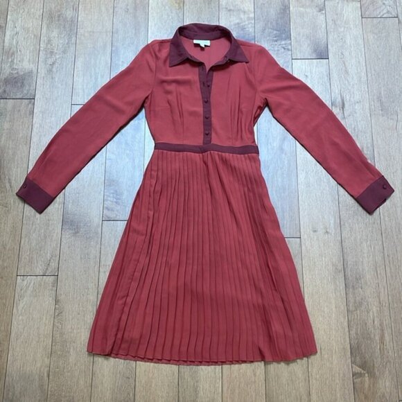 ModCloth Just My Typist Long Sleeve Shirt Dress In Brick pleated skirt sz XXS - Picture 9 of 15